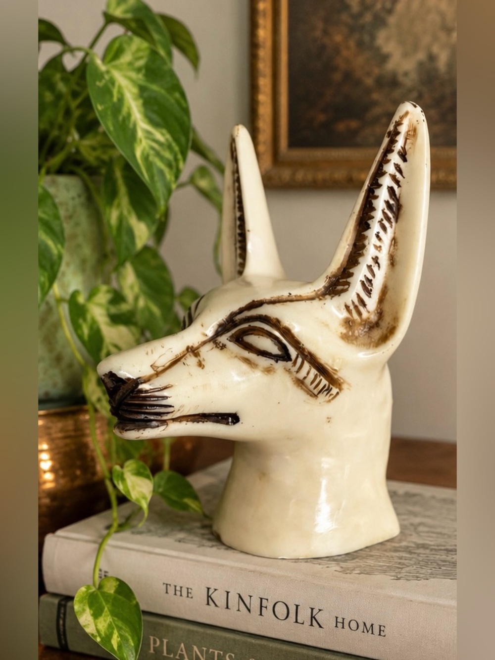 Vintage Carved Stone Anubis Jackal Head Sculpture Egyptian Decor